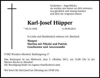 Traueranzeige von Karl-Josef Hüpper von Tageszeitung