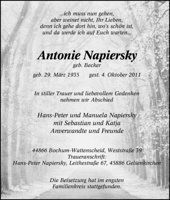 Traueranzeige von Antonie Napiersky von Tageszeitung