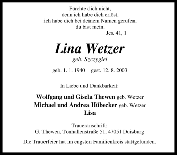 Traueranzeige von Lina Wetzer von Tageszeitung
