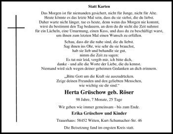 Traueranzeige von Herta Grüschow von Tageszeitung
