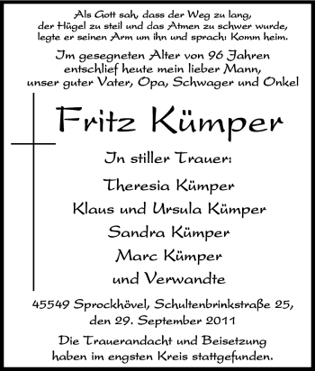 Traueranzeige von Fritz Kümper von Tageszeitung