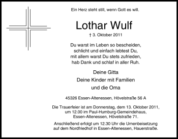 Traueranzeige von Lothar Wulf von Tageszeitung