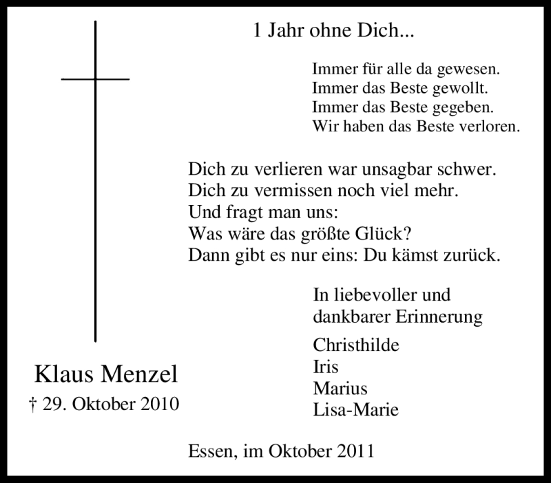  Traueranzeige für Klaus Menzel vom 29.10.2011 aus Tageszeitung