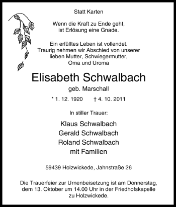 Traueranzeige von Elisabeth Schwalbach von Tageszeitung