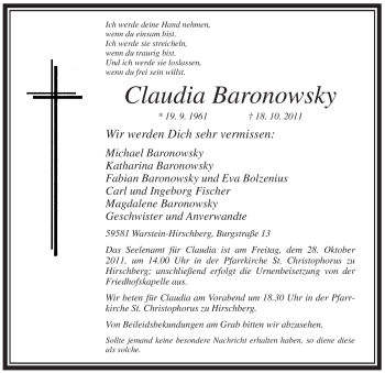 Traueranzeige von Claudia Baronowsky von Tageszeitung