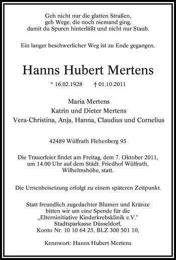 Traueranzeige von Hanns Hubert Mertens von Tageszeitung
