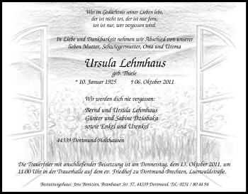 Traueranzeige von Ursula Lehmhaus von Tageszeitung