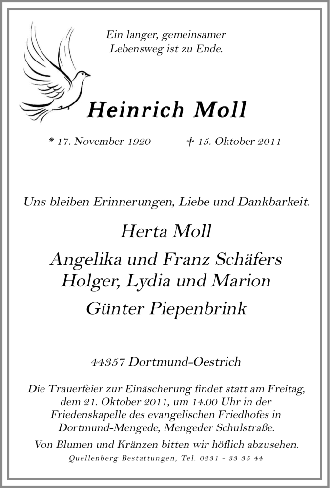  Traueranzeige für Heinrich Moll vom 18.10.2011 aus Tageszeitung