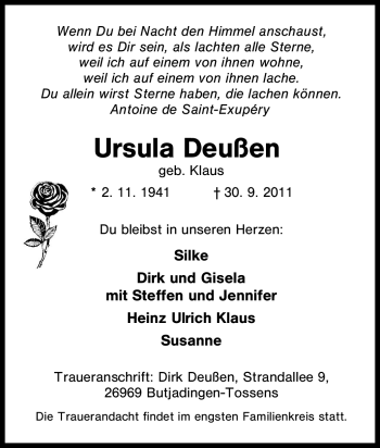 Traueranzeige von Ursula Deußen von Tageszeitung