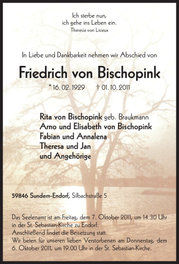 Traueranzeige von Friedrich von Bischopink von Tageszeitung