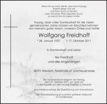 Traueranzeige von Wolfgang Freidhoff von Tageszeitung