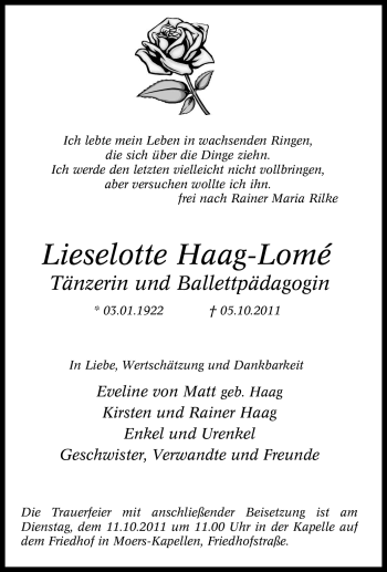 Traueranzeige von Lieselotte Haag-Lom von Tageszeitung