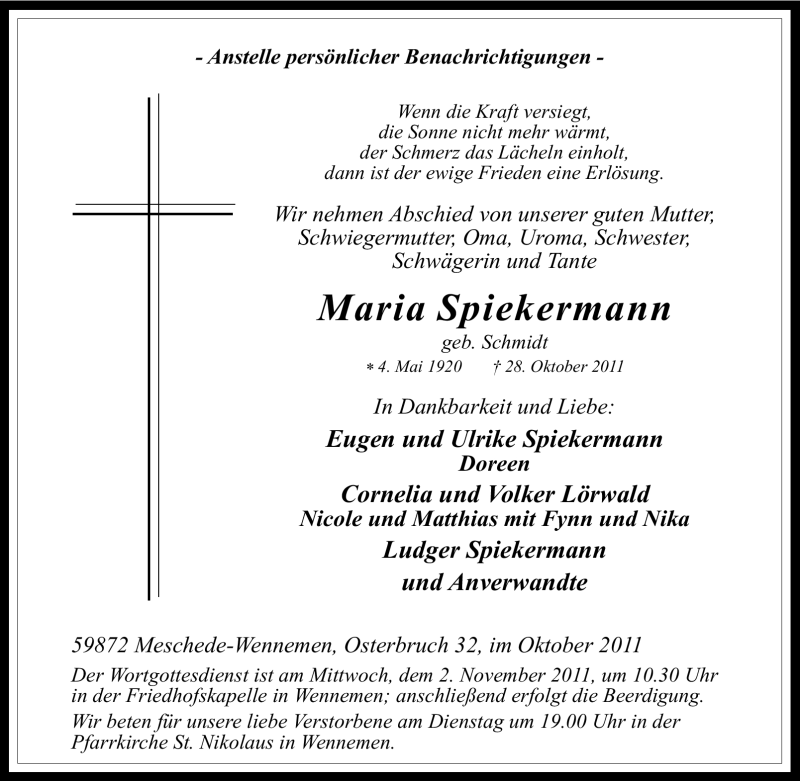  Traueranzeige für Maria Spiekermann vom 31.10.2011 aus Tageszeitung
