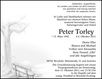 Traueranzeige von Peter Torley von Tageszeitung