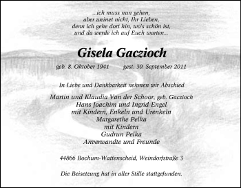 Traueranzeige von Gisela Gaczioch von Tageszeitung