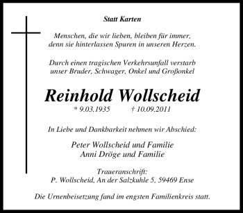 Traueranzeige von Reinhold Wollscheid von Tageszeitung