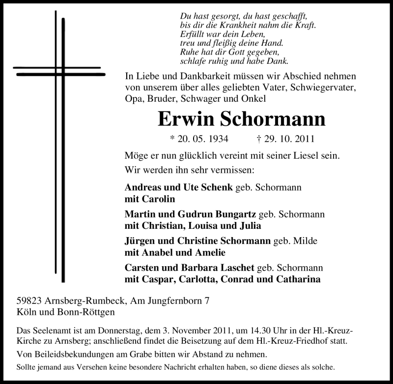  Traueranzeige für Erwin Schormann vom 31.10.2011 aus Tageszeitung