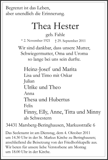 Traueranzeige von Thea Hester von Tageszeitung