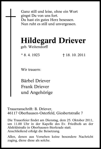 Traueranzeige von Hildegard Driever von Tageszeitung