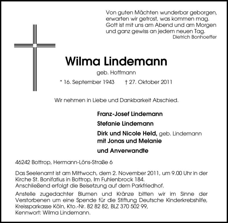  Traueranzeige für Wilma Lindemann vom 29.10.2011 aus Tageszeitung