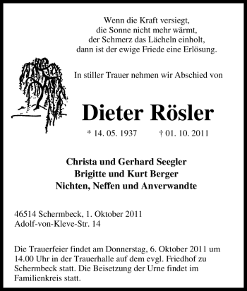 Traueranzeige von Dieter Rösler von Tageszeitung