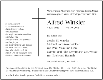 Traueranzeige von Alfred Winkler von Tageszeitung