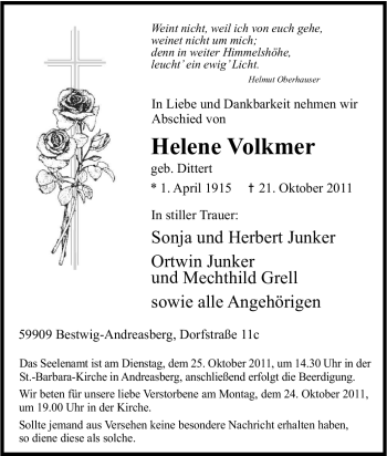 Traueranzeige von Helene Volkmer von Tageszeitung