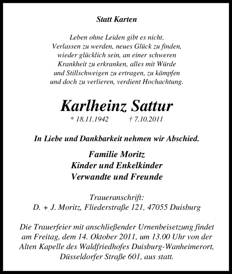 Traueranzeige für Karlheinz Sattur vom 12.10.2011 aus Tageszeitung