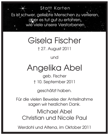 Traueranzeige von Angelika Abel von Tageszeitung