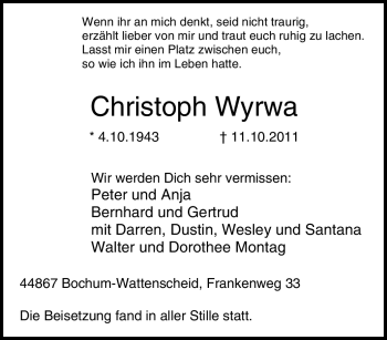 Traueranzeige von Christoph Wyrwa von Tageszeitung