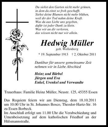 Traueranzeige von Hedwig Müller von Tageszeitung