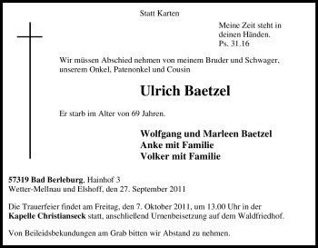 Traueranzeige von Ulrich Baetzel von Tageszeitung