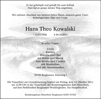 Traueranzeige von Hans Theo Kowalski von Tageszeitung