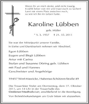 Traueranzeige von Karoline Lübben von Tageszeitung