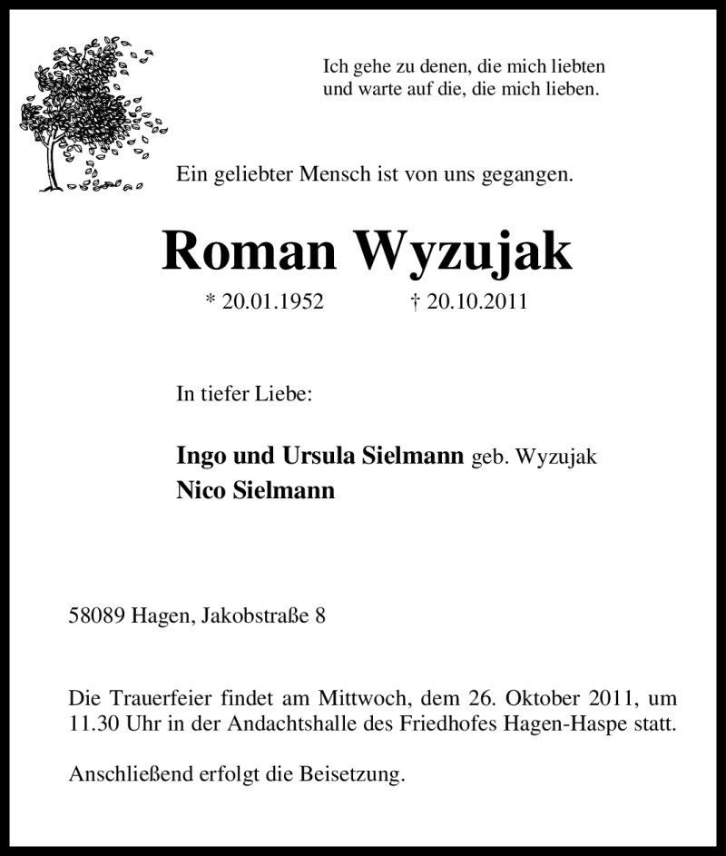  Traueranzeige für Roman Wyzujak vom 25.10.2011 aus Tageszeitung
