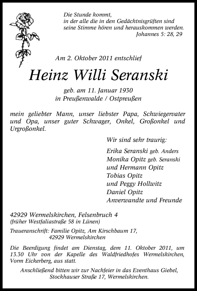  Traueranzeige für Heinz Willi Seranski vom 07.10.2011 aus Tageszeitung
