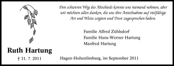Traueranzeige von RUTH HARTUNG von Tageszeitung