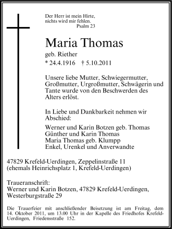 Traueranzeige von Maria Thomas von Tageszeitung