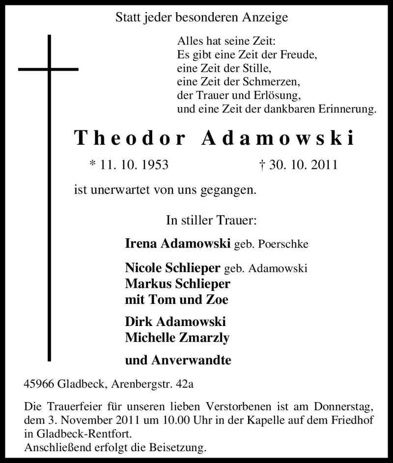  Traueranzeige für Theodor Adamowski vom 31.10.2011 aus Tageszeitung