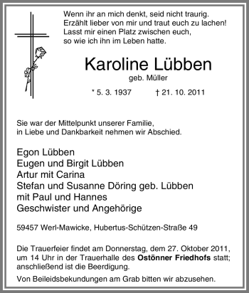 Traueranzeige von Karoline Lübben von Tageszeitung