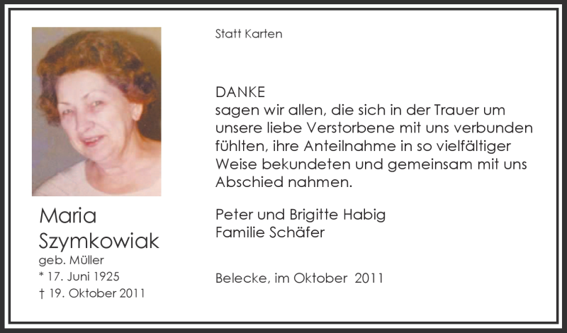  Traueranzeige für Maria Szymkowiak vom 28.10.2011 aus Tageszeitung