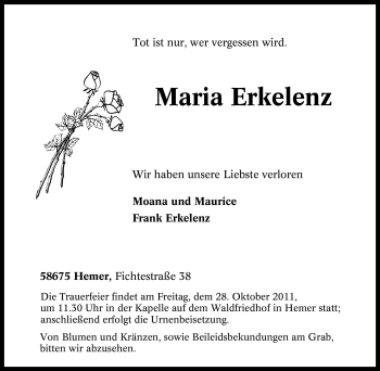 Traueranzeige von Maria Erkelenz von Tageszeitung