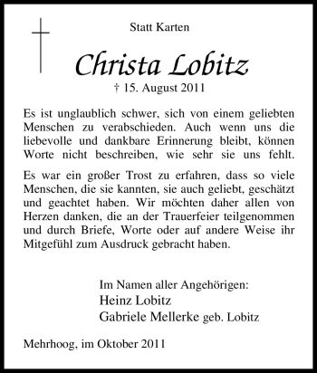 Traueranzeige von Christa Lobitz von Tageszeitung