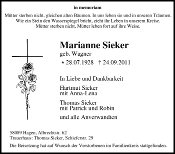 Traueranzeige von Marianne Sieker von Tageszeitung