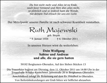 Traueranzeige von Ruth Majewski von Tageszeitung