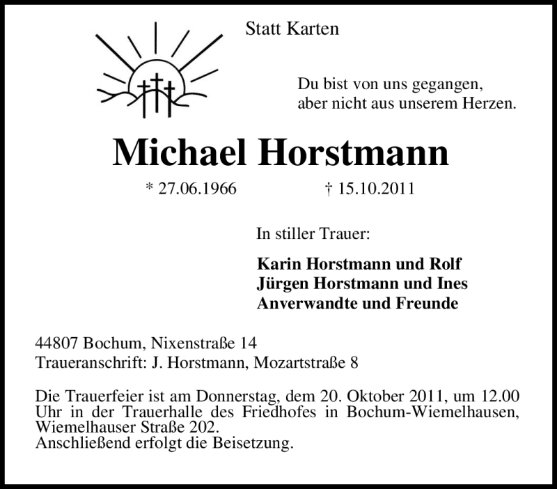  Traueranzeige für Michael Horstmann vom 17.10.2011 aus Tageszeitung