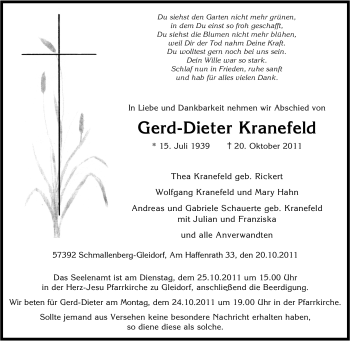 Traueranzeige von Gerd-Dieter Kranefeld von Tageszeitung