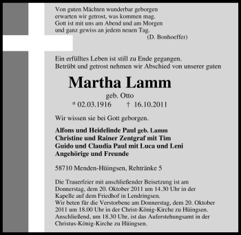 Traueranzeige von Martha Lamm von Tageszeitung