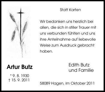 Traueranzeige von Artur Butz von Tageszeitung