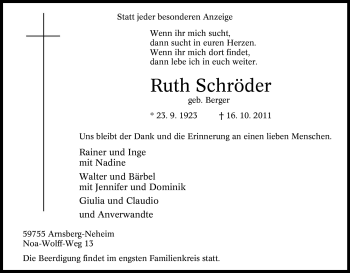 Traueranzeige von Ruth Schröder von Tageszeitung